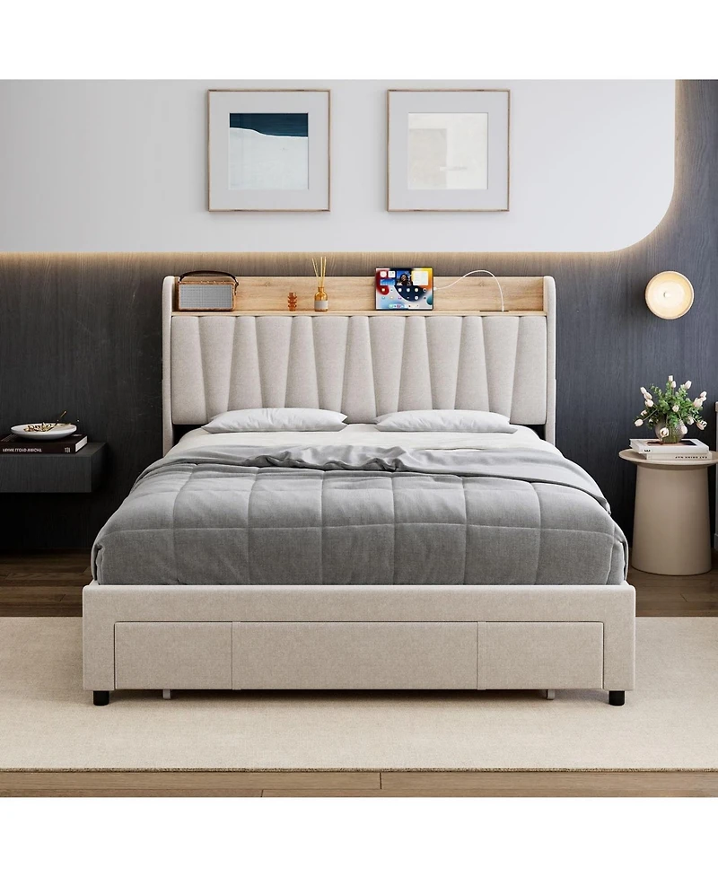 gaomon Bed Frame with Storage Headboard- Upholstered Platform Beds with Drawers-Charging Station-Noise-Free-Easy Assembly-No Box Spring Needed