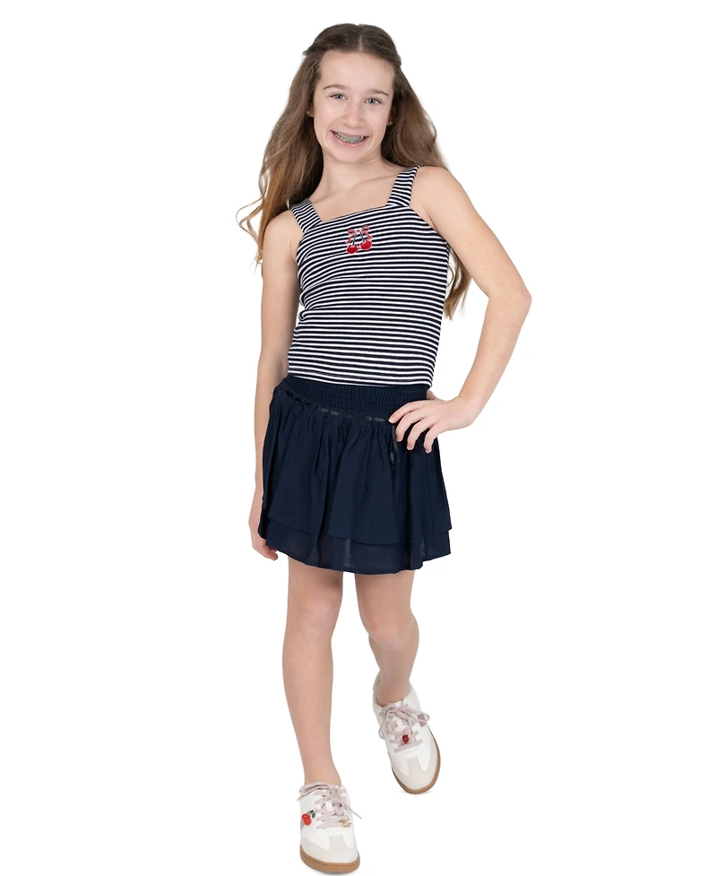 Tween Diva Girls' 7-16 Embroidered Graphic Striped Tank, Woven Skort and Ribbon, 3-Piece Set