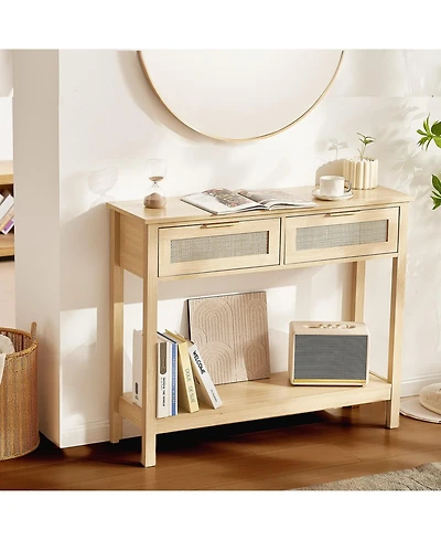 Gouun Rattan Console Table with 2 Drawers and Sliding Door