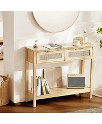 Gouun Rattan Console Table with 2 Drawers and Sliding Door