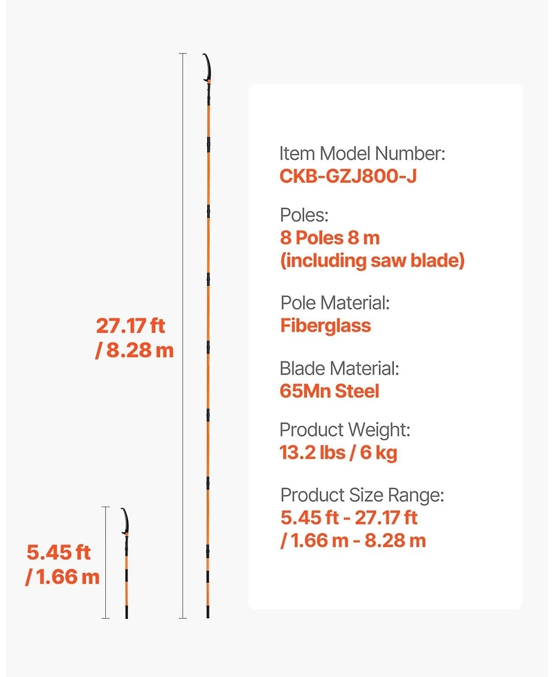 Sugift Manual Pole Saw, 4.46-26.4 ft Extendable Tree Pruner with Steel Blade, Lightweight