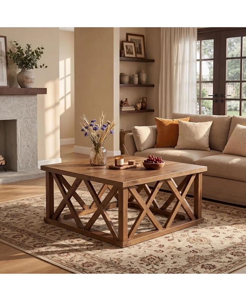 Tribesigns 39.37'' Solid Wood Coffee Table with Reinforced X-Frame, Farmhouse Square Coffee Table