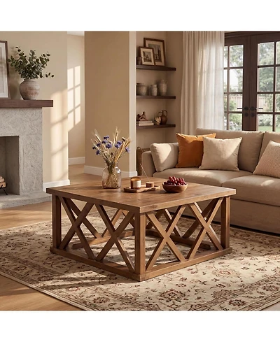 Tribesigns 39.37'' Solid Wood Coffee Table with Reinforced X-Frame, Farmhouse Square Coffee Table