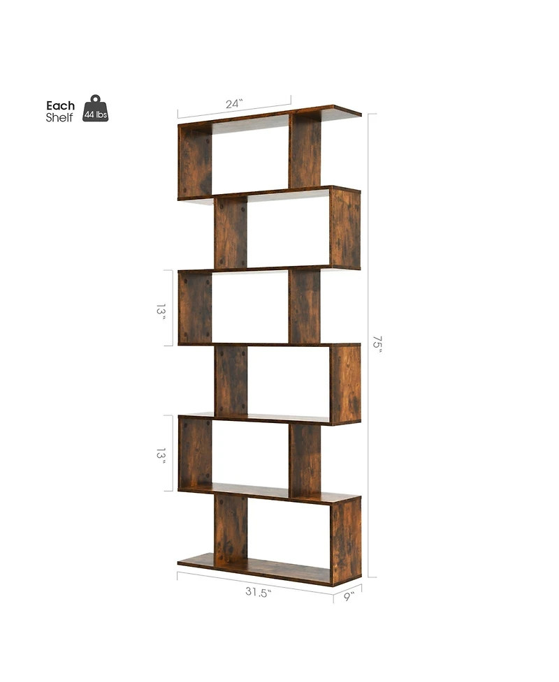 Gouun 6-Tier S-Shaped Display Bookshelf with Open Compartments, 31.5 x 9 x 75