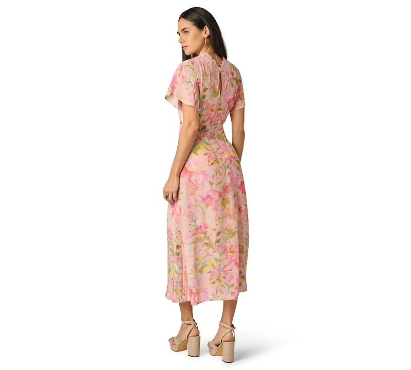 Adrianna Women's Printed V-Neck Lace Trimming Satin Dress