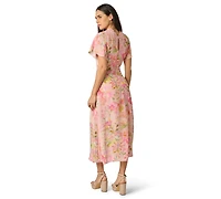 Adrianna Women's Printed V-Neck Lace Trimming Satin Dress