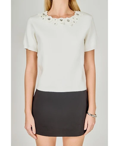 endless rose Women's Floral Detail Short Sleeve Sweater