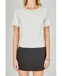 endless rose Women's Floral Detail Short Sleeve Sweater