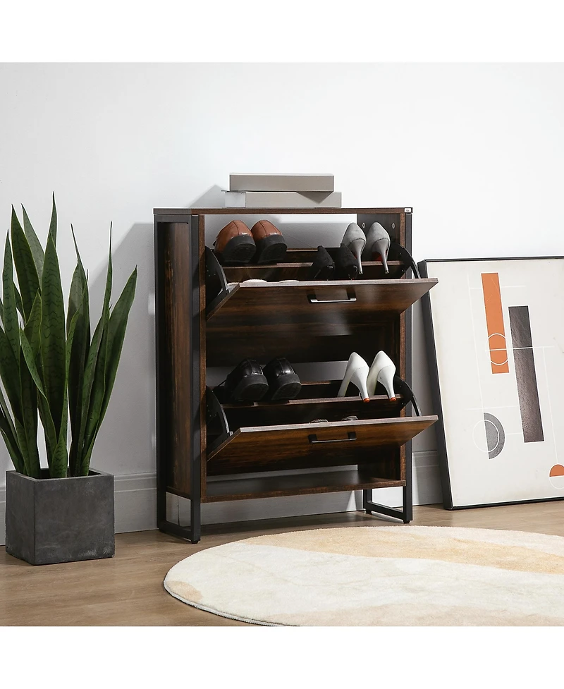 Homcom Rustic 2 Flip Door Shoe Cabinet with Divider and Open Shelf