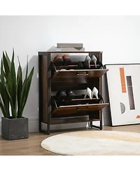 Homcom Rustic 2 Flip Door Shoe Cabinet with Divider and Open Shelf