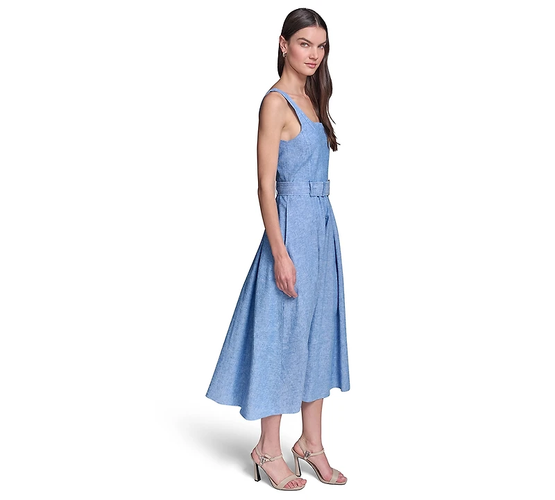 Karl Lagerfeld Paris Women's Fit and Flare Belted Midi Linen Dress