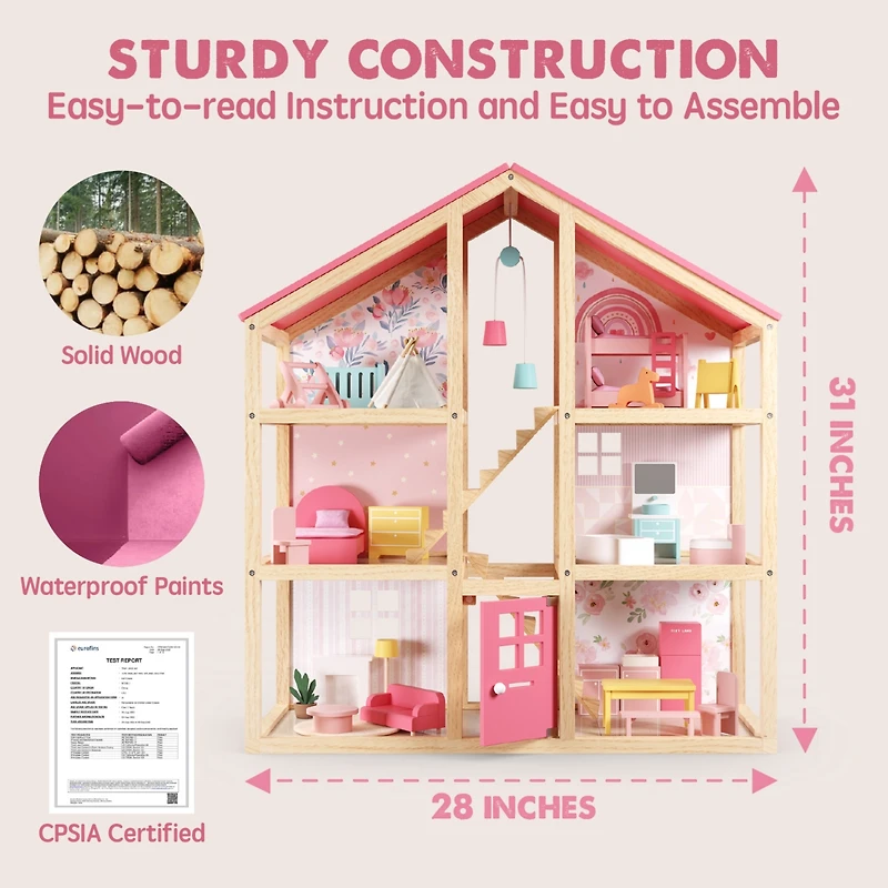 Tiny Land Sweetwood Love Dollhouse for Girls without Dolls, Diy Pretend Play 6 Rooms Wooden Doll House