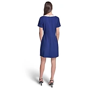 Karl Lagerfeld Paris Women's Short-Sleeve A-Line Scuba Crepe with Framed V-Neck Dress