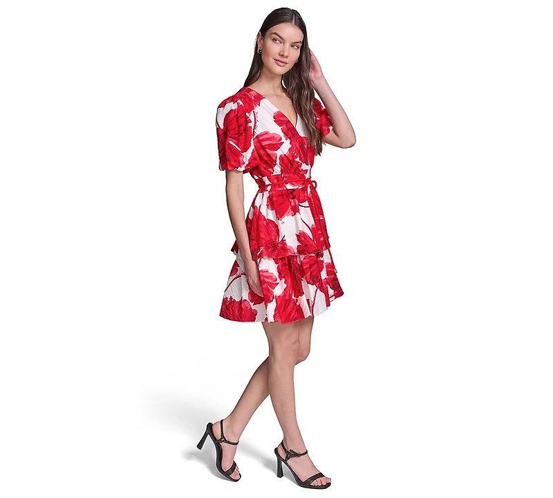 Karl Lagerfeld Paris Women's Crinkle Woven Puff Sleeve Fit and Flare Dress