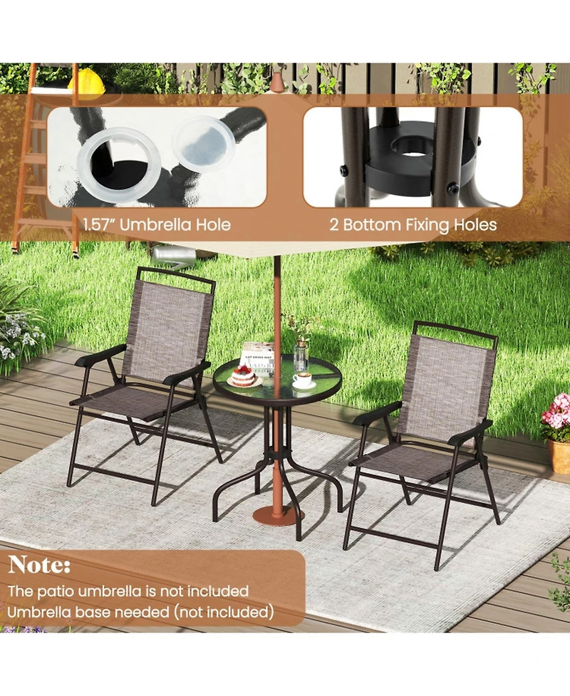 Gouun 3-Piece Patio Bistro Set with Round Tempered Glass Table and Folding Chairs