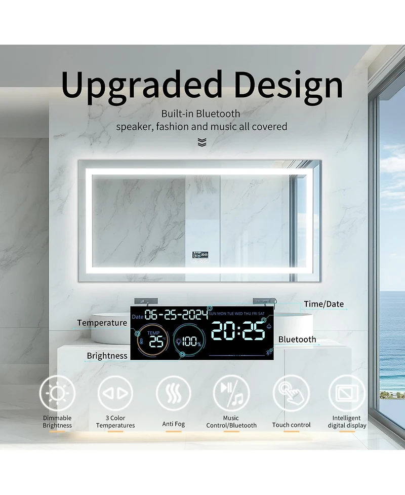 Luvodi 59.4x30.7 inch Colours Wall Mounted Vanity Mirror Bluetooth Speaker Digital Display Front Light Anti Fog for Hotel Bathroom