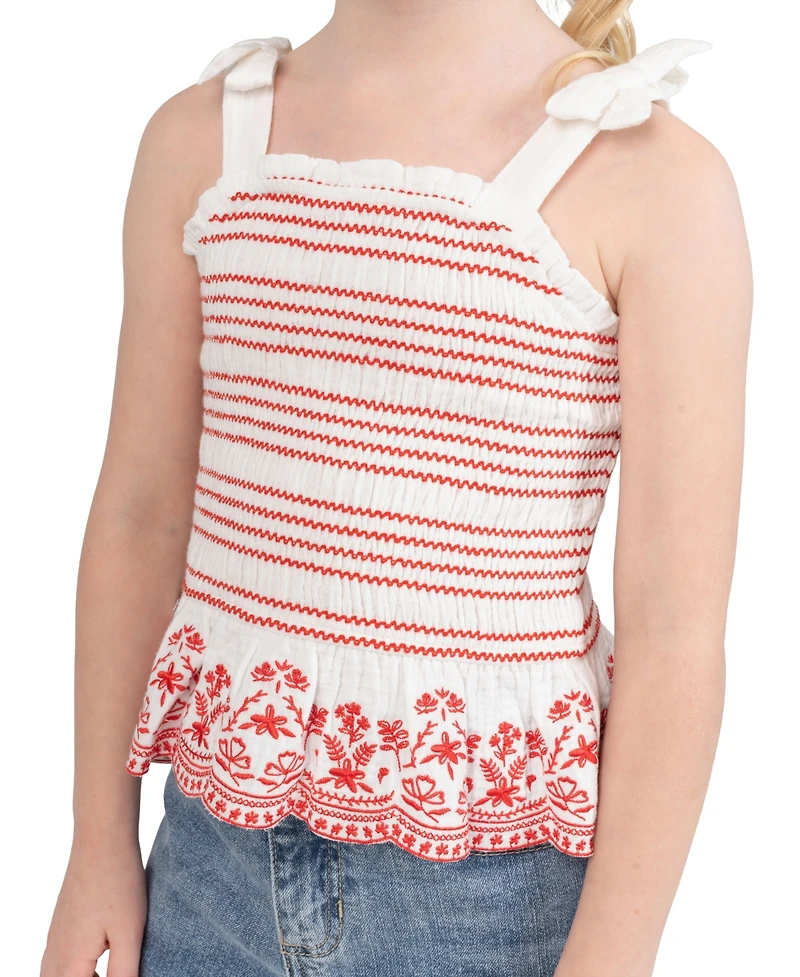 Rare Editions Girls' 2T-6X Smocked Ruffle Tank with Embroidery and Denim Shorts, 2-Piece Set