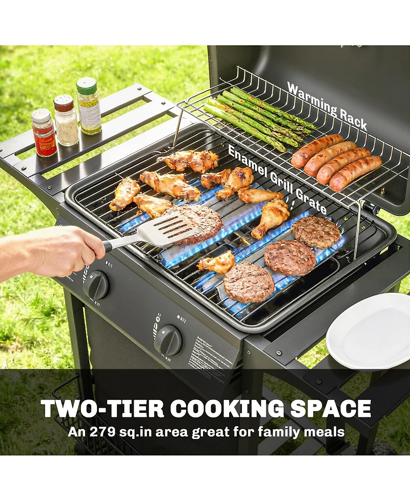 Outsunny 2 Burner Propane Gas Grill, 18000 Btu Bbq Grill with Wheels,