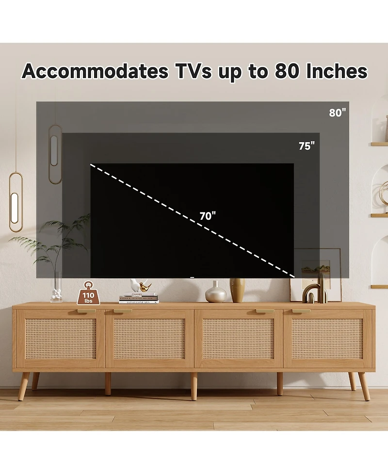 Rainsken 70 Inch Tv Stand with Rattan Doors for TVs , Modern Wood Entertainment Center with Storage Cabinets and Cable Holes for Living Room