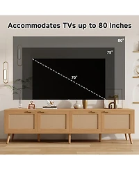 Rainsken 70 Inch Tv Stand with Rattan Doors for TVs , Modern Wood Entertainment Center with Storage Cabinets and Cable Holes for Living Room