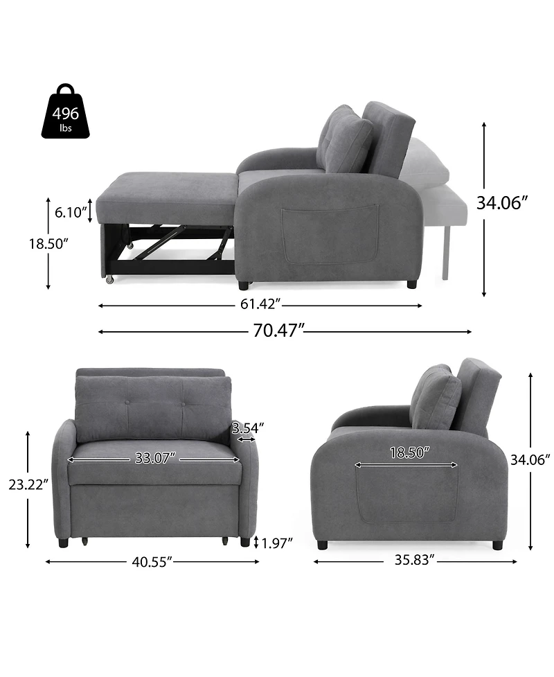 Rainsken Convertible Sleeper Sofa Bed, Soft Cotton Linen Sleeper Chair with Pillow and Side Pocket, Upholstered Folding Couch for Living Room