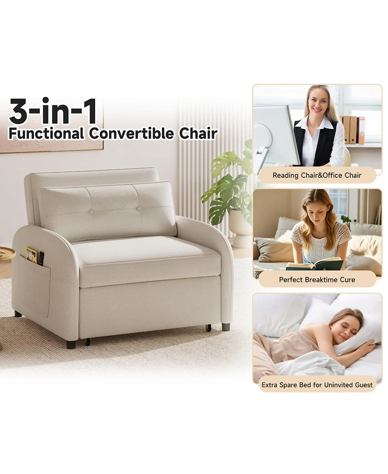 Rainsken Folding Convertible Sleeper Couch, Breathable Cotton Linen Sofa Bed with Back Pillow and Storage Side Pocket for Living Room