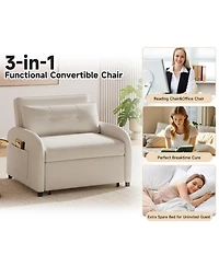 Rainsken Folding Convertible Sleeper Couch, Breathable Cotton Linen Sofa Bed with Back Pillow and Storage Side Pocket for Living Room