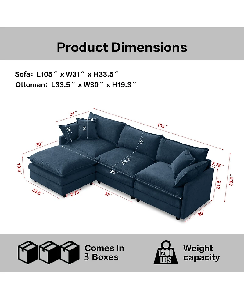 Rainsken 105-inch L Shape Modular Sofa, Chenille Fabric 3-Seater Convertible Sectional Couch with Mobile Ottoman for Living Room
