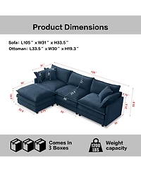 Rainsken 105-inch L Shape Modular Sofa, Chenille Fabric 3-Seater Convertible Sectional Couch with Mobile Ottoman for Living Room