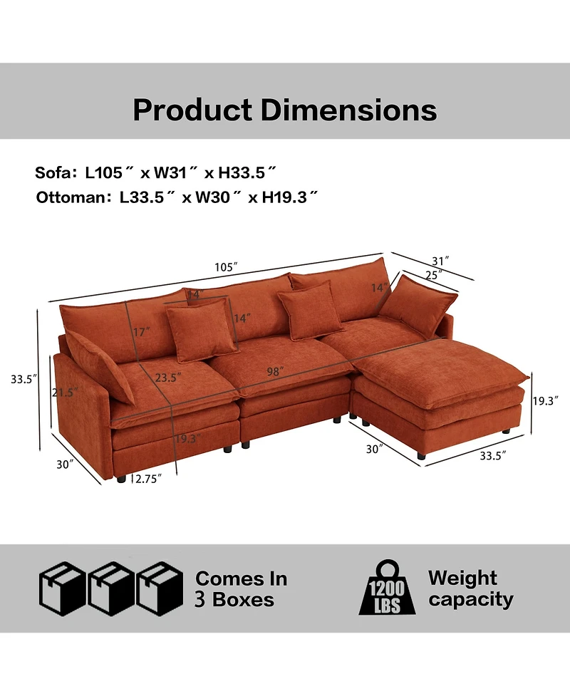 Rainsken Convertible L-Shaped Sectional Sofa, 105 Inch Soft Chenille Modular Couch, 3 Seater Sofa with Portable Ottoman for Living Room