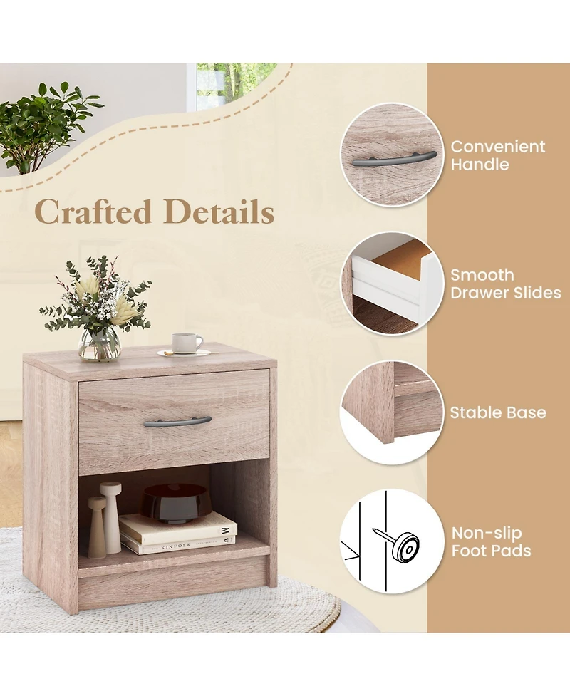 Sugift Bedside Table Nightstand with Drawer and Open Storage Shelf