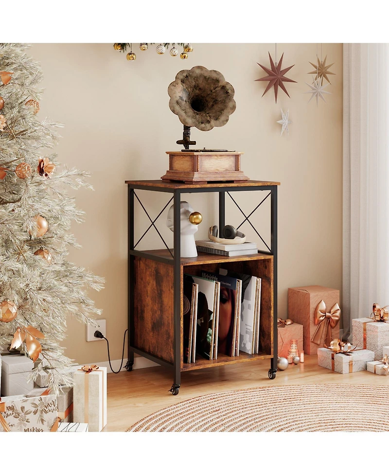 Sugift Mobile Record Player Stand with Power Outlet with Open Shelf and Dividers