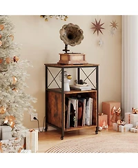 Sugift Mobile Record Player Stand with Power Outlet with Open Shelf and Dividers