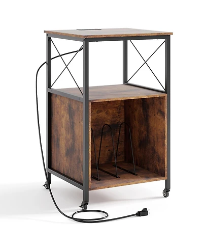 Sugift Mobile Record Player Stand with Power Outlet with Open Shelf and Dividers