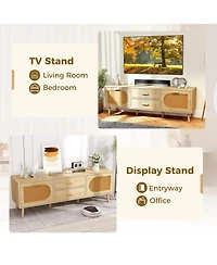 Sugift Rattan Tv Stand for 65-Inch Tv with Drawers and Solid Wood Legs