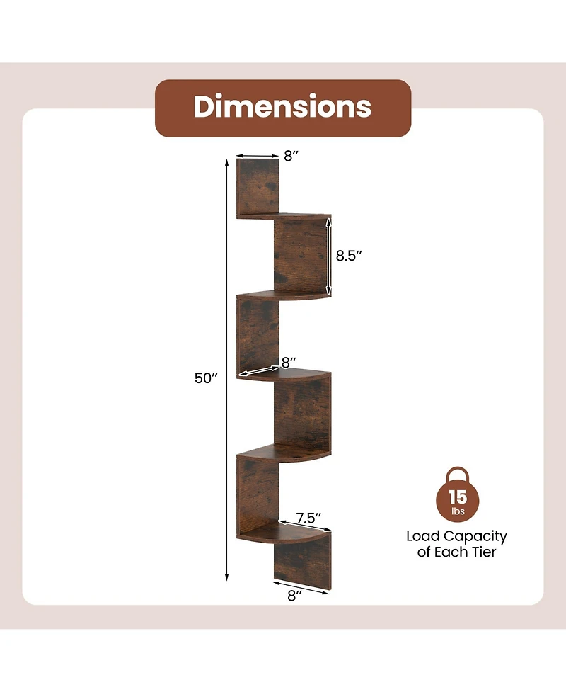 Gouun 5-Tier Wall Mounted Corner Shelf with Floating Design, 8 x 8 x 50