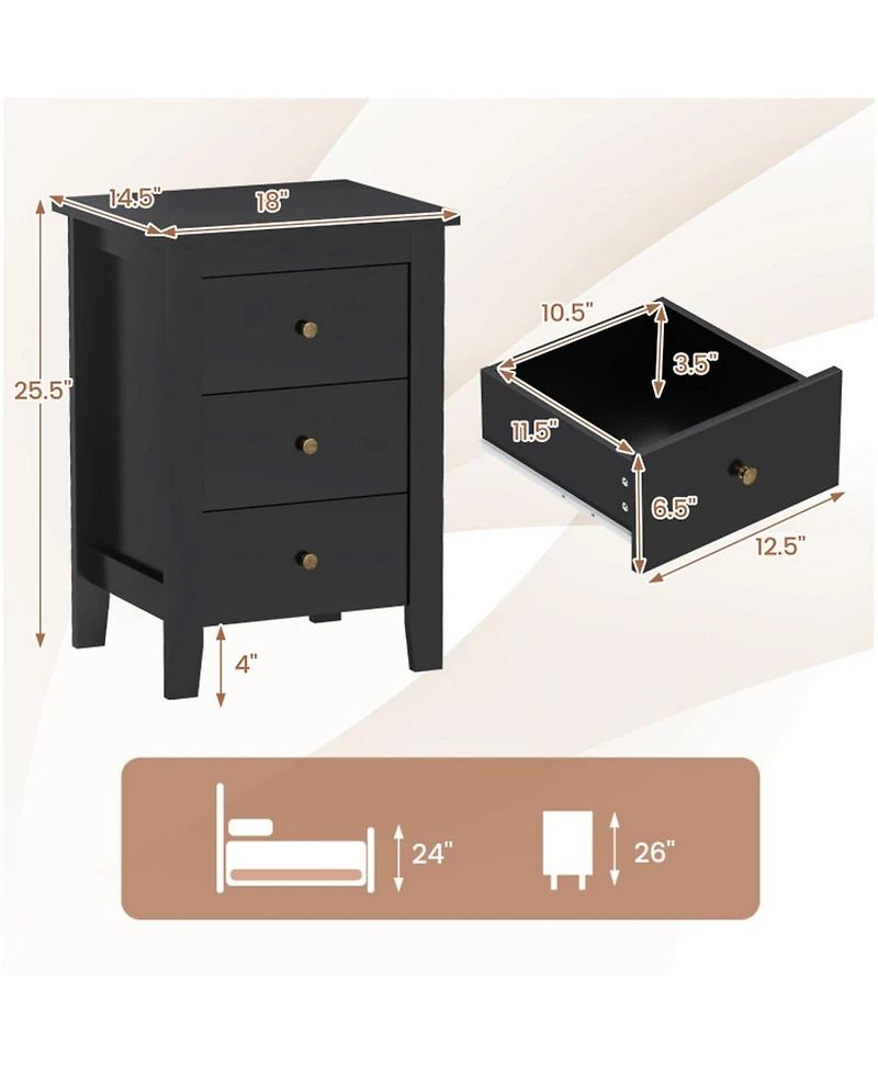 Gouun Set of 2 Three-Drawer Nightstands with Open Platform Top
