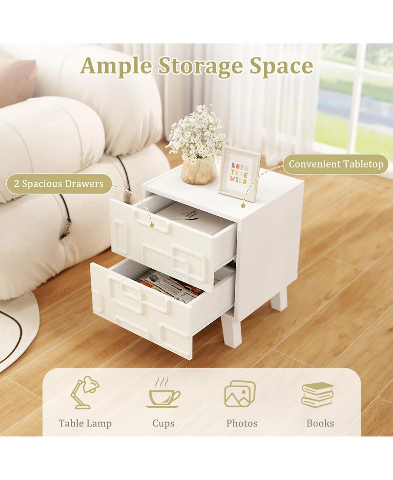 Sugift Modern Nightstand Side Table with Drawers and 3D Geometric Patterns