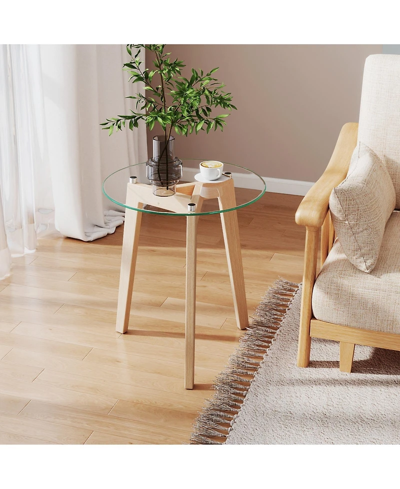 Sugift Tempered Glass End Table Round with Solid Rubber Wood Structure-1 Piece