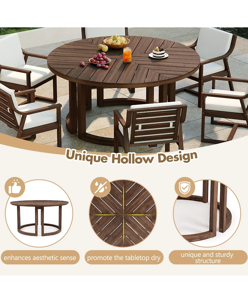 Rainsken 59" Round Patio Dining Table, Herringbone Pattern Acacia Wood Table with Umbrella Hole and Circular Base for Garden, Poolside and Backyard