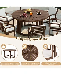 Rainsken 59" Round Patio Dining Table, Herringbone Pattern Acacia Wood Table with Umbrella Hole and Circular Base for Garden, Poolside and Backyard