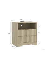 Rainsken Nightstand with Charging Stations and Night Light, 2-Drawer Bedside Table with Open Storage Shelf for Bedroom, Living Room