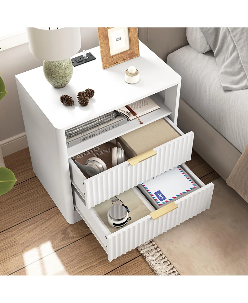 Rainsken Multi-Storage Nightstand with 2 Drawers, Open Shelf, Built-in Charging Station and Night Light for Bedroom and Living Room