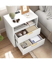 Rainsken Multi-Storage Nightstand with 2 Drawers, Open Shelf, Built-in Charging Station and Night Light for Bedroom and Living Room