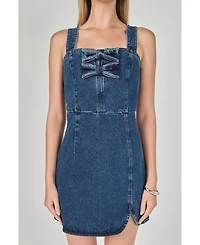 endless rose Women's Bow Trim Denim Mini Dress