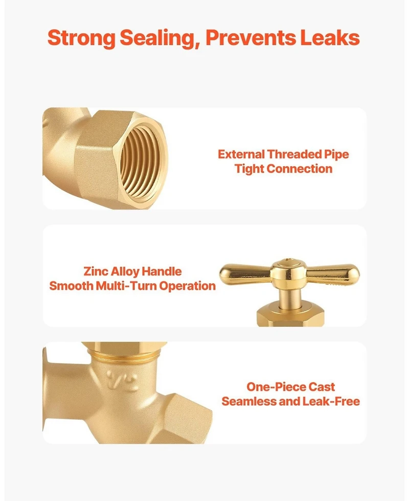 Sugift Hose Bibb, Brass Outdoor Water Faucet, Multi-Turn Garden Valve, 1/2" Fip x 3/4" Mht