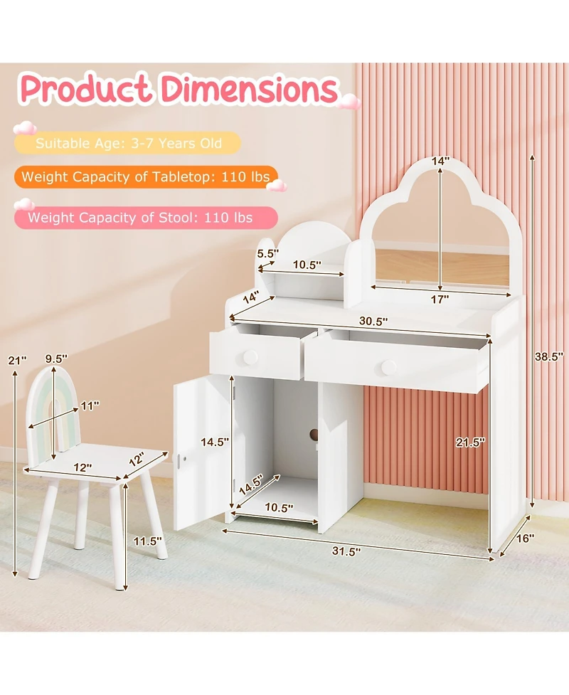 Sugift Kids Vanity Table and Chair Set with Cloud-shaped Mirror and Open Shelf