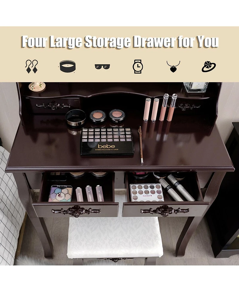 Sugift Makeup Dressing Table with Touch Switch Lighted Mirror and Cushioned Stool