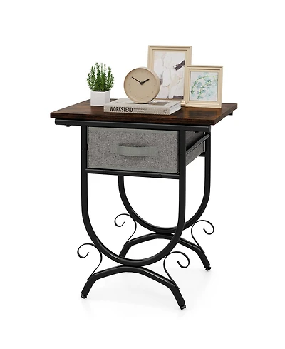 Sugift Side Table with Fabric Drawer and Carved Metal Frame for Living Room