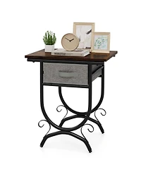 Sugift Side Table with Fabric Drawer and Carved Metal Frame for Living Room